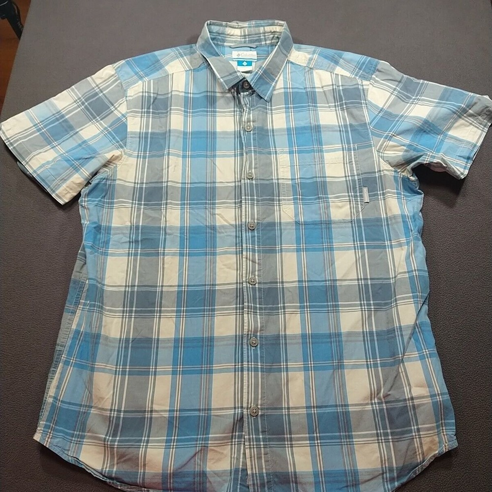 Columbia Shirt Men‎ L Blue Plaid Sporty Classic Cotton Button Up Short Sleeve